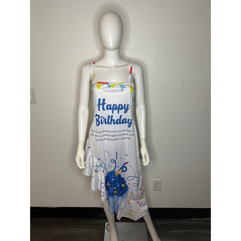 Happy Birthday Graphic Ruffle Hem Midi Dress White Sleeveless Party Dress